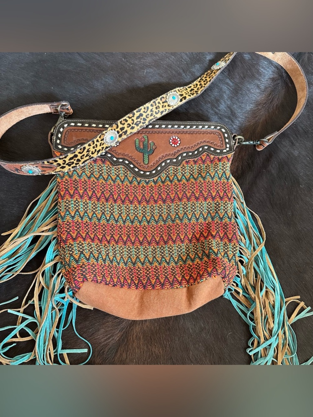 Myra Boho Multicolor Woven Fringe Crossbody Bag - Turquoise Accents